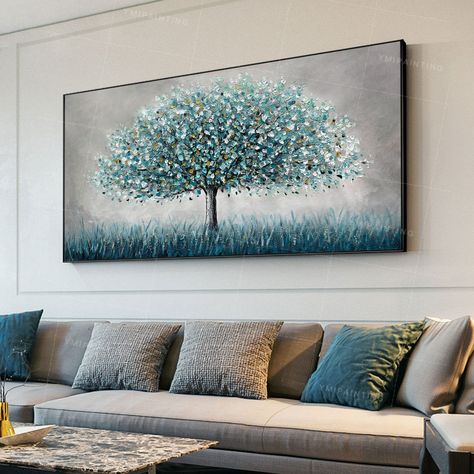 DIY "Home Sweet Home" Door Hanger | Rustic Orchard Home Textured Living Room, Unique Wall Art Ideas, Tree Painting On Canvas, Teal Wall Decor, Blue Walls Living Room, Teal Wall Art, Grass Painting, Skyline Painting, Oil Painting Inspiration