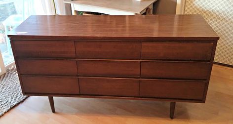 Mid-Century Modern Lowboy Dresser Makeover - Little Vintage Cottage Curved Drawer, Mcm Dresser, Lowboy Dresser, Dresser Refinish, Dresser Makeover, Brass Pulls, Modern Dresser, Mid Mod, Vintage Cottage