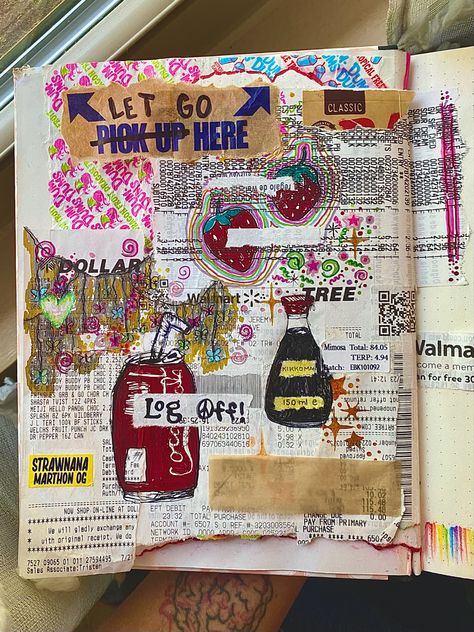 Art With Receipts, Junk Journal Receipts, Trash Scrapbook, Trash Sketchbook, Trash Journal Ideas, Cluttered Sketchbook, Junk Sketchbook, Trash Collage, Receipt Art