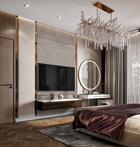 Interior design luxury master bedroom Luxurious Bedroom Tv Unit, Master Bed Tv Unit Design, 5 Star Hotel Room Design, Tv Unit In Bedroom, Tv Unit For Bedroom, Bed Back Wall Design, Interior Design Mood Board Inspiration, Bed Back Wall, Back Wall Design