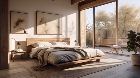 Minimalist Bedroom in bright neutral tones, wooden accents, high windows, natural light Bedroom With View Woods, Wooden Bed Frame Modern Natural, Neutral Bedroom Low Bed, Minimalist Bed Frame Wood Natural, Cozy Scandinavian Bedroom Beds & Bed Frames, Bright Nature, Circle Drive, Airy Bedroom, Brighter Bedroom