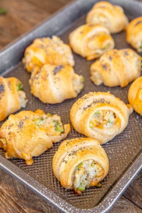 Chicken Salad Crescents - Plain Chicken Chicken Salad Crossant Recipes, Crosont Recipes Dinner Crescent Rolls, Chicken Salad Crescent Rolls, Sandwich Rings, Crescent Chicken, Filled Crescent Rolls, Pilsbury Recipes, Pillsbury Crescent Roll Recipes, Crescent Roll Recipes Dinner