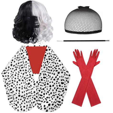 PRICES MAY VARY. Halloween costumes for women includes: 1 x stole,1 x black and white wig, 1 x 1920s Extra Long Red Golves, 1 x Plastic Holder and 1 x wig cap. Perfect for cruella deville costume cosplay Dalmatian Shawl Material: Made of high quality faux fur-soft and comfortable. Perfect for Halloween cosplay, dalmatian costume and daily wear Suitable for All Women:The length of Dalmatian Shawl is 74.8 inches and 21.3 inches Extra long red gloves. One size fits for all women.If you need to choo Cruelly Deville Couple Costume, Cruella Deville Costume Couple, Cruela De Vil Costume Ideas, Cruella Deville Cosplay, Diy Cruella Deville Costume, Dalmation Costume, Cruella Deville Costume, Black And White Wig, Dalmatian Costume