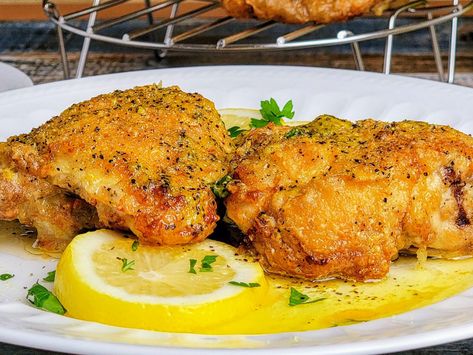 Easy Peasy Air Fryer Lemon Pepper Chicken Thighs {Wingstop Copycat} Lemon Pepper Chicken Thighs Air Fryer, Boneless Chicken Thighs Air Fryer, Chicken Thighs Air Fryer, Lemon Pepper Chicken Thighs, Baked Lemon Garlic Chicken, Baked Lemon Pepper Chicken, Lemon Chicken Thighs, Chicken Thights Recipes, Roasted Chicken Legs