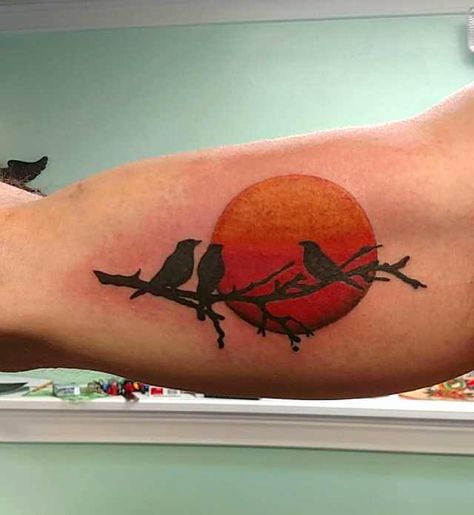 Sun And Birds Tattoo, Sun Tattoo Ideas Men, Bird Sun Tattoo, Bird And Sun Tattoo, Tree Birds Tattoo, Three Little Birds Tattoo Bob Marley, 3 Little Birds Tattoo Bob Marley, Little Bird Tattoos For Women, Reggae Tattoo Ideas