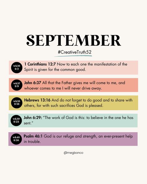 52 Bible Verses in 52 Weeks | September 🤍Weekly Bible Verse Prompts to help you create from a solid foundation in 2024. 🤍Use these verses to help you memorize, pray, and fuel your creativity for every week of the year! 🤍Whether you choose to letter each verse, journal your feelings, or let it inspire your next painting, let Truth be your creative foundation this year! 🪩If you want to participate: 1. Follow me on Instagram for monthly prompts (Save them so you can find them easily) 2. R... Weekly Bible Verse, Bible Verse Of The Week, Verses To Memorize, Monthly Prompts, Verse Of The Week, 52 Weeks, Psalm 46, Follow Me On Instagram, Bible Verse