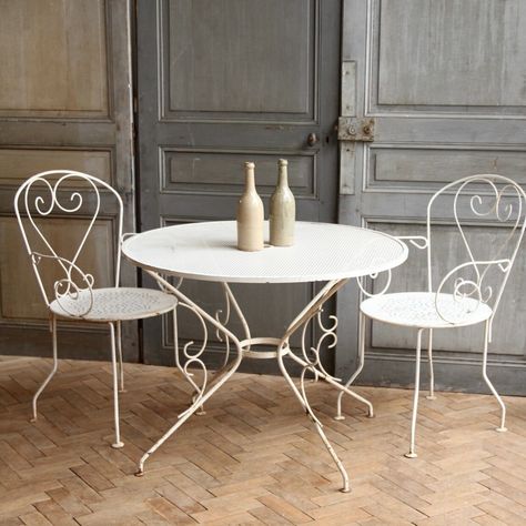 French Garden Furniture, French Cafe Table, Exterior Table, Circular Garden, Round Garden Table, White Metal Chairs, Metal Garden Table, Mid Century French, Round Garden