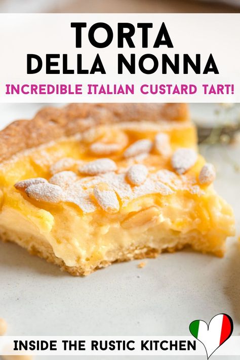 Torta della Nonna is the most delicious Italian custard tart made with sweet shortcrust pastry, Italian pastry cream, and topped with pine nuts. An elegant and beautiful dessert for any occasion. #Itlaiandesserts #desserts #tart #pie #custardpie Italian Lemon Tart, Italian Easter Desserts Recipes, Italian Tart Recipes, Shortcrust Pastry Desserts, Italian Tarts, Italian Easter Desserts, Easy Italian Desserts, Italian Pastry Cream, Cookbook Inspiration