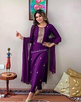 Buy J.Kanji Zari Embroidery Work Straight Kurta With Bottom & Dupatta Set(JISHA-Purple-L) at Amazon.in Solid Kurta Set, Cotton Blouse Design, Classy Yet Trendy, Zari Embroidery, Designer Kurti, Western Wear For Women, Knee Sleeves, Embroidered Dupatta, Embroidery Top