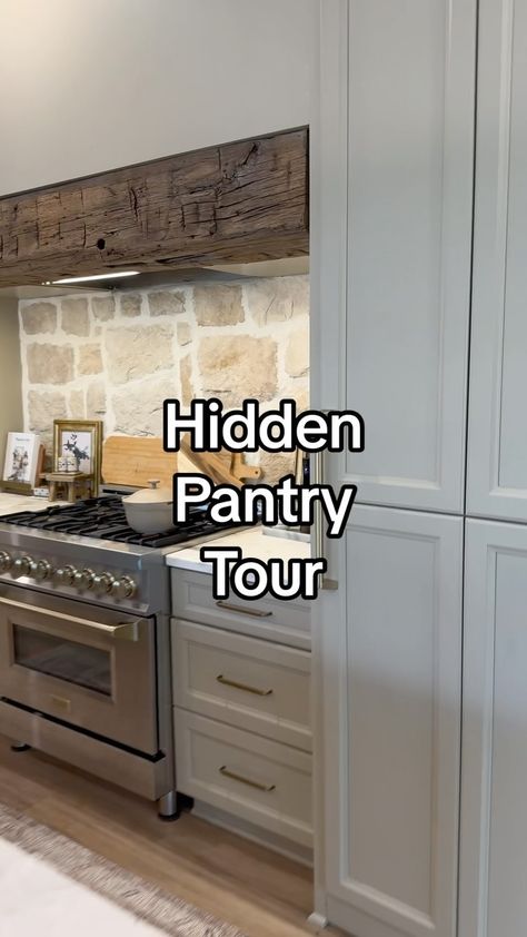 Decorating Modern Barndominium | Hidden pantry reveal! This is one of my favorites! Eveey person that comes over loves this hidden gem! What’s your favorite part? If you... | Instagram Large Hidden Pantry Walk In, New Build Pantry, Walk In Hidden Kitchen Pantry, Build A Pantry Small Kitchens, Kitchens With Hidden Pantry, Pantry Wall Ideas Built Ins, Kitchen Layout With Hidden Pantry, Hidden Pantry Walk In Corner, Hidden Pantries Walk In