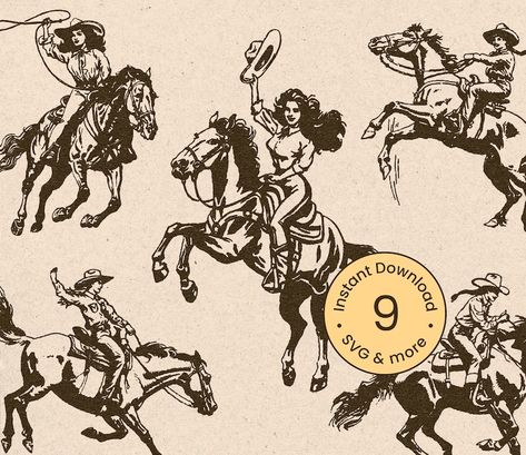 Cowgirl On Horse Drawing, Cowboy On Horse Illustration, Vintage Cowgirl Illustration, Vintage Cowboy Illustration, Horse Illustration Design, Vintage Horse Illustration, Cowgirl Lasso, Vintage Cowgirl Art, Cowgirl On Horse