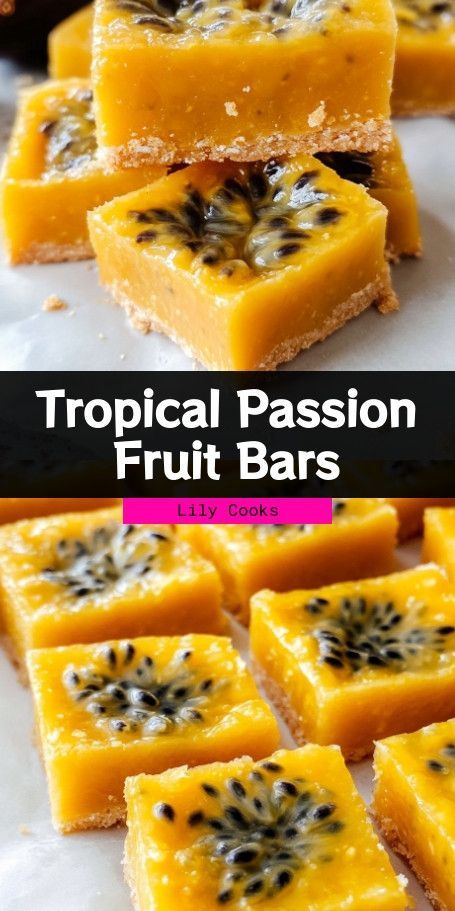 Tropical Passion Fruit Bars Recipe: Sweet & Tangy Delight Create a taste of paradise with our Tropical Passion Fruit Bars. These sweet and tangy bars with a buttery crust are perfect for fruity dessert lovers. Easy to make and irresistible, they're a must-try for any occasion! ..... Passion Fruit Desert, Passion Fruit Bars, Passion Fruit Filling, Passion Fruit Recipes, Passionfruit Dessert, Fruit Bars Recipe, Fruit Desert, Fruity Dessert, Histamine Diet