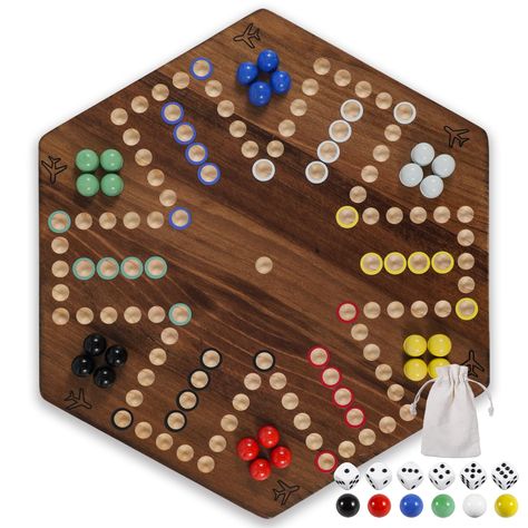 PRICES MAY VARY. 【Weighted Game Set】Our materials are made of high-quality wood and carefully crafted. The product includes a solid wood game board (size:20*17.4 inch), 24 colored marbles (4 of each color), 6 dice, marbles and dice storage bags, and comes with a detailed user manual. It is equipped with all the things needed for the game, you just need to bring it home and start playing with your family and friends! 【Family and Party Games】This is a classic and popular multiplayer game that not Marble Board Game, Wahoo Board, Aggravation Board Game, Dice Storage, Marble Games, Marble Board, Wood Games, Color Board, Friends Party