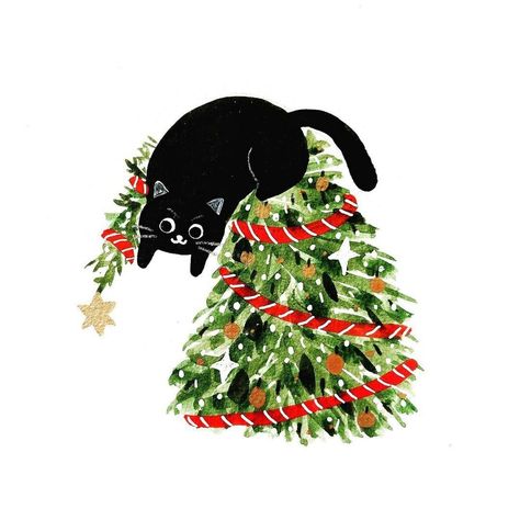 Christmas Illustrations, Christmas Card Art, Cat Holidays, In This House, Cats Illustration, Christmas Drawing, Christmas Cat, Christmas Illustration, One Star