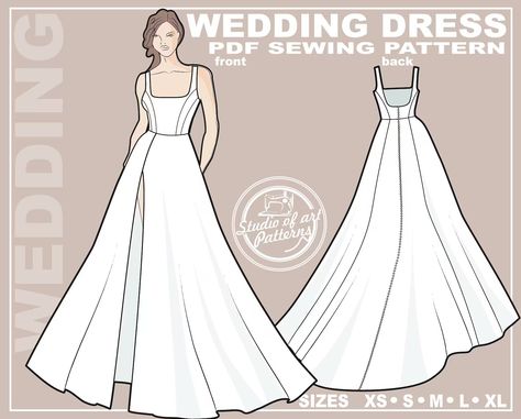 PATTERN WEDDING DRESS. Sewing Pattern Wedding Gown With Square Neckline. Digital Pack 5 Sizes. Instant Download. - Etsy Canada Wedding Dress Sewing Pattern, Pattern Wedding Dress, Wedding Dress Sewing, Wedding Dress Sewing Patterns, Beginner Sewing Patterns, Pattern Wedding, Wedding Dress Patterns, Dress Making Patterns, Free Dresses