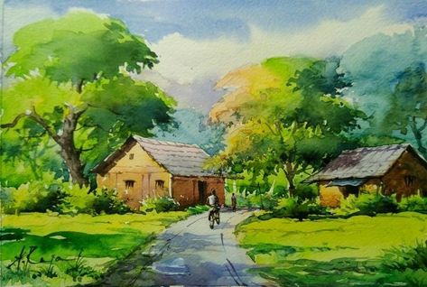 자작나무 그림, Fields Painting, Architecture Paintings, Village Painting, Landscape Painting Watercolor, Watercolor House Painting, Watercolor Scenery, Beautiful Landscape Paintings, Paintings Landscape