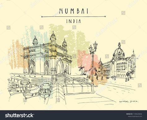 Gateway of India and Taj Mahal Palace Hotel in Mumbai (Bombay), India. Famous British time monuments, 20th century. Cityscape sketch. Travel art. Vintage hand drawn postcard in vector #Ad , #Sponsored, #Bombay#Mumbai#Famous#time Mumbai Illustration, Cityscape Sketch, 2d Cafe, India Taj Mahal, City Sketches, Gateway Of India, Collage Items, Travel Sketching, Cityscape Drawing