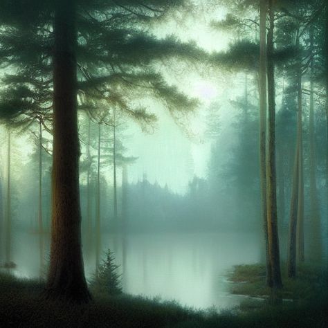 Forest Lake Painting, Foggy Forest Painting, Forest Drawing, Dark Landscape, Rain Painting, Adventure Landscape, Evergreen Forest, Lake Painting, Foggy Forest