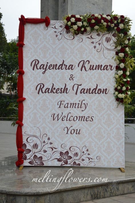 Name Board For Wedding Entrance, Welcome Board Wedding Entrance Indian, Wedding Name Board, Melting Flowers, Bangalore Wedding, Name Board, Wedding Caricature, Wedding Welcome Board, Wedding Stage Backdrop