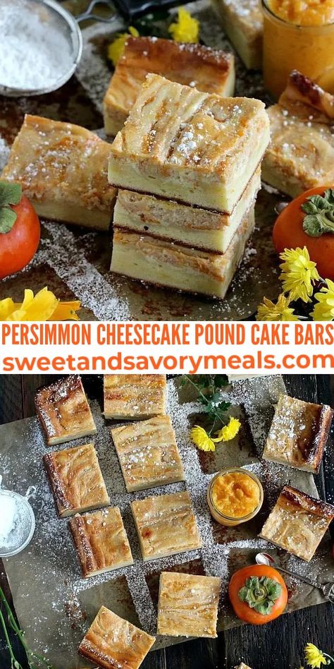 Persimmon Bars, Persimmon Cheesecake, Cheesecake Pound Cake, Persimmon Cake Recipe, Persimmon Jam Recipe, Persimmon Jam, Buttery Pound Cake, Delicious Cheesecake Recipes, Persimmon Recipes