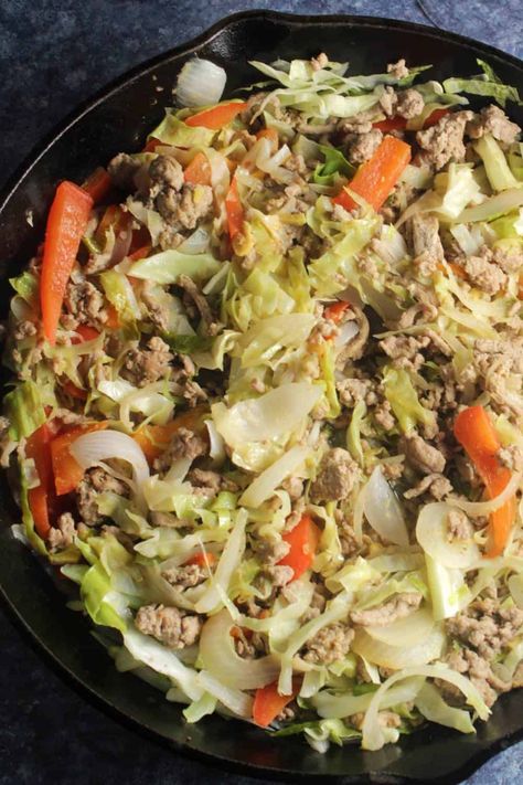 Turkey Cabbage Skillet recipe, cooked with a vibrant miso soy stir-fry sauce, is a delicious, healthy meal. Great way to use cabbage and ground turkey! Cabbage And Ground Turkey Recipes, Turkey And Cabbage Recipes, Inside Out Egg Roll, Turkey And Cabbage, Lomein Recipes, Ground Turkey Cabbage, Turkey Cabbage, Healthy Egg Rolls, Cabbage Skillet