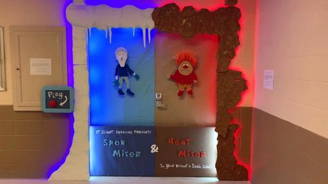 Hospital IT Department Creates an Animated Christmas Door Display Featuring Snow Miser and Heat Miser Snow Miser And Heat Miser, Snow Miser, Hattiesburg Mississippi, Heat Miser, It Department, Door Display, Traditional Colonial, Colonial Christmas, Door Displays