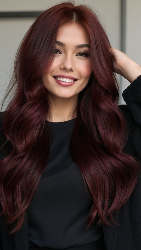 Achieve the perfect cherry cola hair color with this dark brunette formula ideal for curly hair highlights and brown skin tones Learn how to rock balayage with a hint of pale skin or chocolate tones whether you have short black hair or Indian skin This Pinterest-perfect look is sure to turn heads Asian Burgundy Hair, Cherry Cola Brown Hair, Chocolate Cherry Balayage, Brunette To Red Hair, Pale Skin Hair, Dark Cherry Cola Hair Color, Cherry Chocolate Hair, Cola Hair Color, Chocolate Cherry Hair Color