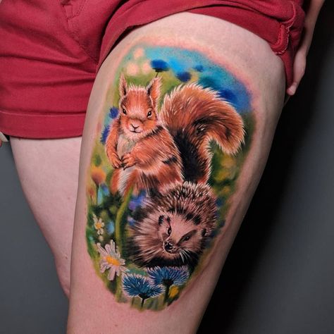 British Wildlife Tattoo, Colour Tattoos, Wildlife Tattoo, Willow Tree Tattoos, Tree Tattoos, Realistic Tattoo, British Wildlife, Different Media, Cute Hedgehog