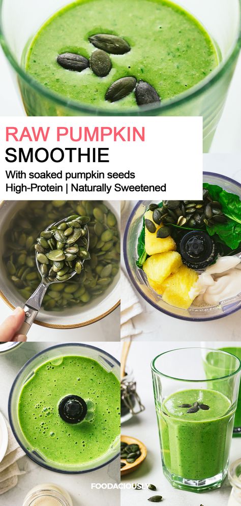 steps of making pumpkin seed smoothie recipe Pumpkin Seed Smoothie, Vegan Pumpkin Seed Recipes, Pumpkin Seed Protein Powder Recipes, Pumpkin And Flax Seed Recipes, Pumpkin Seed Health Benefits, Protein Pumpkin Smoothie Recipes, Flavored Pumpkin Seeds, Pumpkin Protein Smoothie, Smoothie Fast