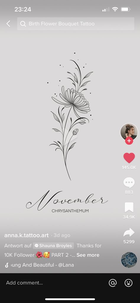 Crysanthemum Tattoo Delicate, Nov Birth Flower Tattoos, Tattoos For November Birth Month, Chrysanthemum Vine Tattoo, November Flower Spine Tattoo, November Birth Month Tattoo, November Spine Tattoo, Narcissus And Chrysanthemum Tattoo, Birth Flower For November