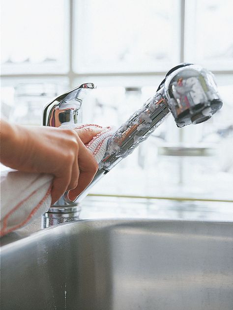 To clean chrome, glass or stainless steel appliances, fill a spray bottle with a mixture of 50 percent rubbing alcohol and 50 percent water. Easy Spring Cleaning Tricks--> http://www.hgtv.com/homekeeping/spring-cleaning-made-easy/pictures/page-11.html?soc=pinterest How To Clean Chrome, Spring Cleaning Checklist, Deep Cleaning Tips, Clean Sink, Homemade Cleaning Products, Household Cleaning Tips, Diy Cleaners, Cleaning Recipes, Cleaners Homemade