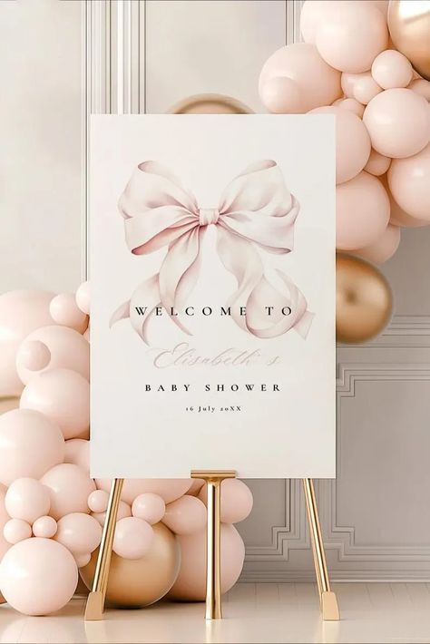 Pink Bow Baby Shower Welcome Sign Editable Canva Template Pink Coquette Baby Shower Entrance Sign Template Pink Ribbon Minimalist - Etsy Romania Baby Shower Blush Pink, Elegant Pink Baby Shower, Bow Theme Baby Shower Ideas, Pink Bows Baby Shower, Soft Pink Baby Shower Ideas, Baby Shower Aesthetic Girl, Light Pink Baby Shower Decor, Bows And Pearls Baby Shower Theme, Pink Bows Baby Shower Theme