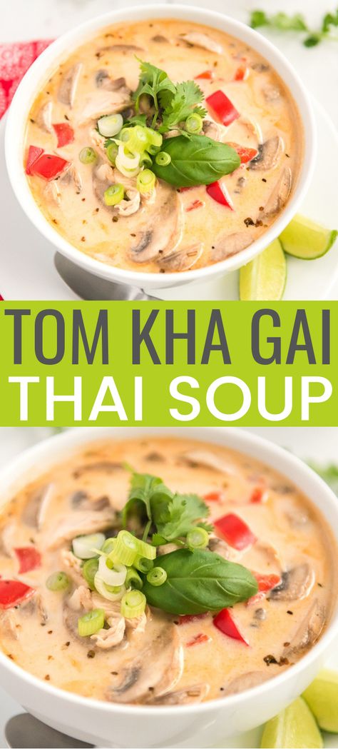 This Tom Kha Gai Soup recipe, also known as Chicken Coconut Soup, is an incredibly aromatic and flavorful Thai dish made with chicken, mushrooms, peppers, in a creamy coconut broth. via @sugarandsoulco Tom Kha Gai Soup Recipe, Tom Kha Gai Soup, Thai Soup Recipes, Chicken Coconut Soup, Coconut Broth, Asian Soup Recipes, Tom Kha Gai, Chicken Coconut, Chicken Mushrooms