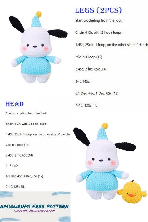 Amigurumi Pochacco Puppy Free Pattern - Amigurumi toys Cartoon Crochet Patterns Free, Crochet Pochacco Free Pattern, Pochacco Crochet Pattern, Crochet Pochacco, Invisible Join, Animal Plushies, Amigurumi Dog, Crochet Toys Free, Crochet Tutorial Pattern