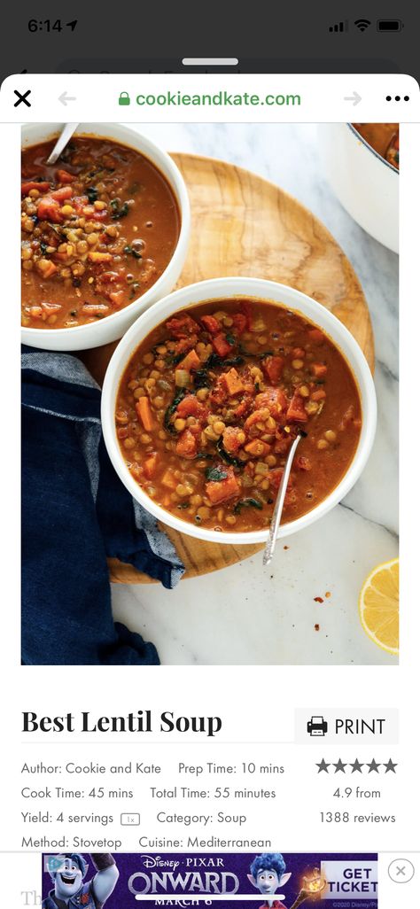 Healthy Lentil Soup, Vegan Lentil Soup Recipes, Best Lentil Soup, Best Lentil Soup Recipe, Cookie And Kate, Lentil Soup Recipe, Vegan Lentil Soup, Spicy Soup, Pureed Soup