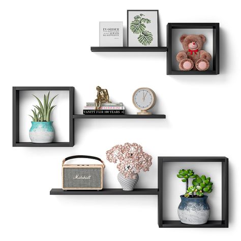 PRICES MAY VARY. 【Multifunctional Floating Cube Shelves】A set of 6 different sized shelves, including 3 square storage shelves and 3 wall mounted floating shelves, can help you create your own storage combinations for different display needs. Reduce clutter and highlight your stylish decor while keeping everything organized. You can hang them together in a collage style or use individually. 【Modern & Rustic Design】The wall box shelf features a unique cube solid structure with floating shelves to Wood Honeycomb, Floating Cube Shelves, Square Floating Shelves, Shelves For Bedroom, Wall Cubes, Floating Shelves Wall, Honeycomb Shelves, Shelves For Wall, Shelves Wall