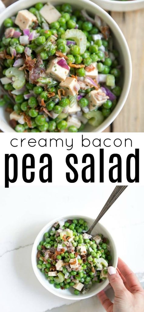 Easy Pea Salad Recipe filled with cubes of smoked gouda, crunchy celery, sweet peas, and crispy bacon, then tossed in a creamy homemade Italian mayonnaise dressing. Perfect for outdoor barbecues and summertime potlucks. Easy Pea Salad, Cold Pea Salad, Creamy Pea Salad, Peas And Bacon, Pea Salad With Bacon, Mayonnaise Dressing, Pea Salad Recipes, Creamy Peas, Summer Potluck