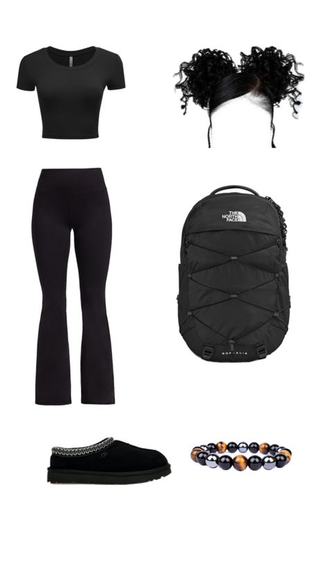 Black crop top, uggs Tasman, north face bag Ugh Tasman Outfit Black, Black Tasman Ugg Outfit Ideas, Black Tasman Outfit, Black Tasman Ugg Outfit, Tasman Ugg Outfit, Ugg Tasman Black, Black Tasman, Tasman Uggs Outfits, Uggs Tasman