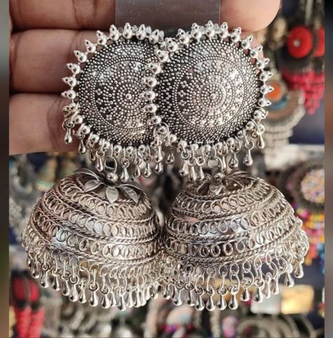 What Jhumka, Golden Jhumka, Oxidised Jhumka, Jhumka Design, Trendy Silver Jewelry, Silver Jhumkas, Diy Earrings Easy, Oxidised Earrings, Fancy Jewelry Necklace