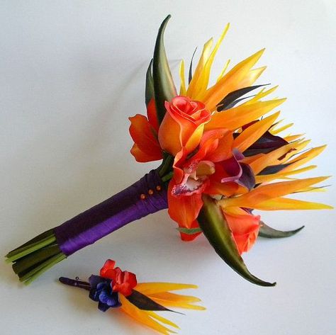 Orange Purple Wedding, Bird Of Paradise Wedding, Tropical Bridal Bouquet, Reception Planning, Tropical Wedding Bouquets, Purple Wedding Decorations, Tropical Flower Arrangements, Wedding Flower Guide, Paradise Wedding