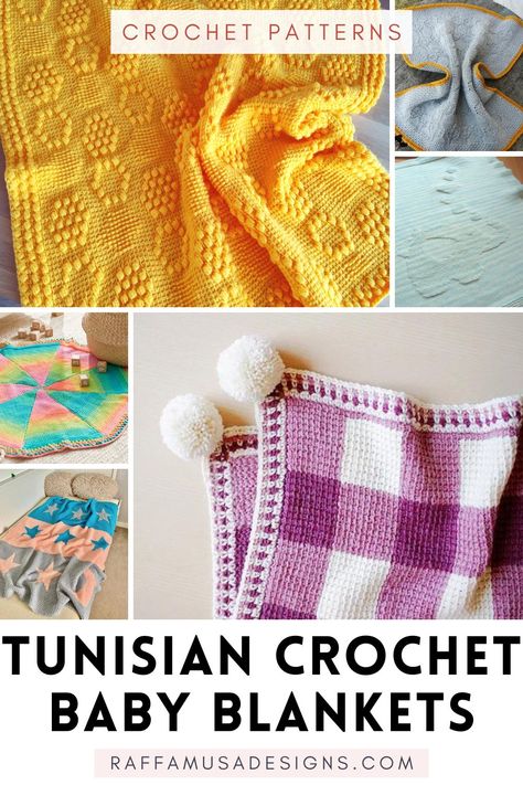 a collage of pictures showing crochet baby blankets made using the Tunisian or Afghan crochet technique Crochet Baby Blanket Borders, Tunisian Patterns, Tunisian Baby Blanket, Tunisian Crochet Free, Crochet Graphgan, Crochet Baby Blankets, Tunisian Crochet Blanket, Elephant Baby Blanket, Baby Afghan Crochet Patterns