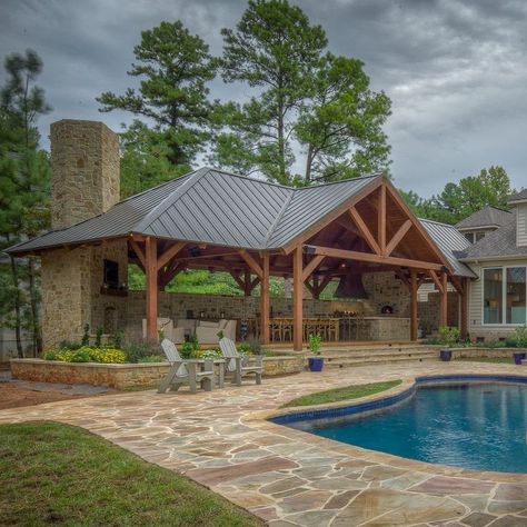 Pool House Pavilion Ideas, Pavilion Off Back Of House, Pool House Exterior Ideas, Pool Pavillion Backyard, Lake House Patio Ideas Outdoor Spaces, Pool Pavilion Ideas Outdoor Living, Patio Pavilion Ideas, Pavilion Design Backyard, Pool Gazebo Ideas Cabanas