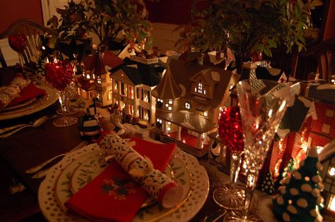 Holiday China, Christmas Village Sets, Christmas Table Setting, Christmas Dining Room, Christmas Tablescape, Snow Village, Christmas Tablescapes, Christmas Villages, Christmas Dining