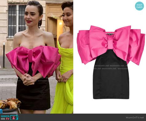 Bow Tops Outfit, Emily In Paris Outfits Inspiration, Emily In Paris Lily Collins, Paris Trip Outfits, Emily In Paris Style, Emily Cooper, Big Bow Dress, Emily In Paris Outfits, Pink Bow Dress