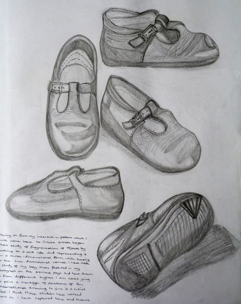 Pencil drawing. I am interested in Cubism and how an object is represented from different angles, not one restricted view point. I then made a montage of  the different views. Drawing Objects From Different Angles, Object From Different Angles, Orthographic View Of Objects, School Shoes Drawing, Object Drawings, Highschool Art, Abs Art, Shoe Drawing, Sneakers Sketch