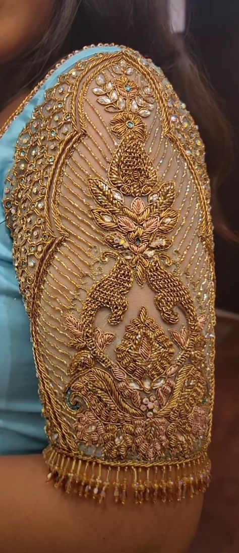 Full Hand Aari Work Blouse, Net Aari Work Blouse Designs Full Hand, Net Aari Work Blouse, Zardosi Work Blouse, Full Sleeves Blouse Designs, Blouse Hangings, Net Sleeves, Maggam Blouse, Aari Design