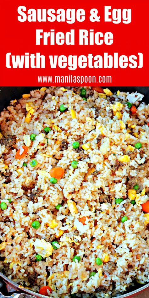 With sausages and eggs, this tasty fried rice is a meal by itself. Customize it with your favorite veggies! Breakfast Stir Fry Eggs, Italian Sausage Fried Rice, Rice With Bell Peppers, Tasty Fried Rice, Breakfast Fried Rice, Stir Fry With Egg, Egg Rice, Fried Rice Recipe Easy, Fried Rice With Egg