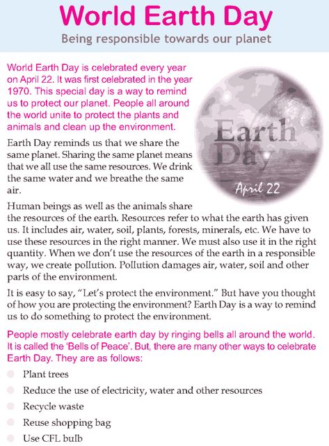 Earth Day Essay, Social Skills For Kids, All About Me Preschool, Reading Comprehension Lessons, World Earth Day, English Worksheets For Kids, General Knowledge Book, Reading Comprehension Activities, English Lessons For Kids