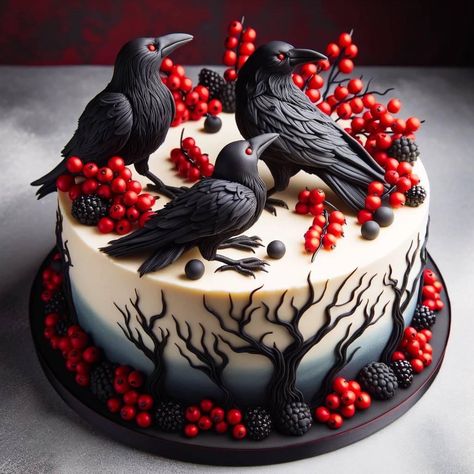 Crow Cake Ideas, Crow Cake, Ravens Birthday Cake, Bat Wedding Cake, Gothic Birthday Cakes Beautiful, Crow Food, Halloween Meringue, Glamorous Wedding Cakes, Cake Magic