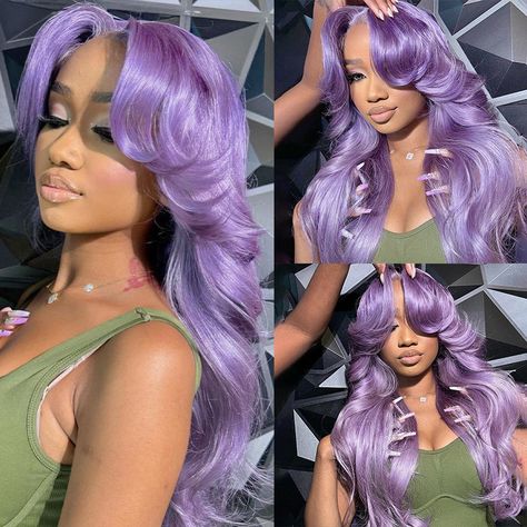 Collage featuring Ishow light purple lavender body wave human hair wig on a model and a mannequin, showcasing the wig's body wave texture, natural hairline, and 13x4 lace front with middle part. Birthday Wigs, Color Wigs For Black Women, Lavender Wig, Purple Texture, 13x4 Lace Front Wig, Wave Texture, Wig Ideas, Purple Wig, Dyed Hair Inspiration